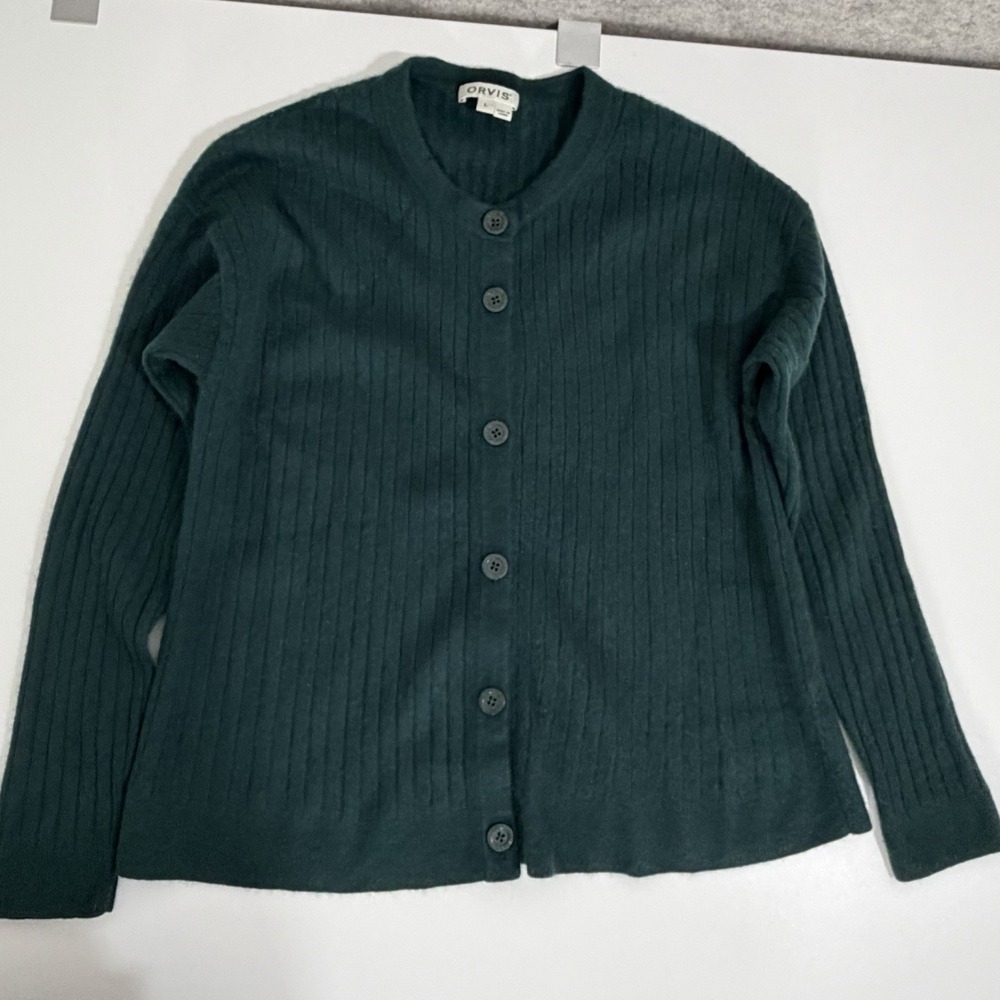 Orvis 100% Cashmere Ribbed Cardigan Sweater Green Women's L Large Academia